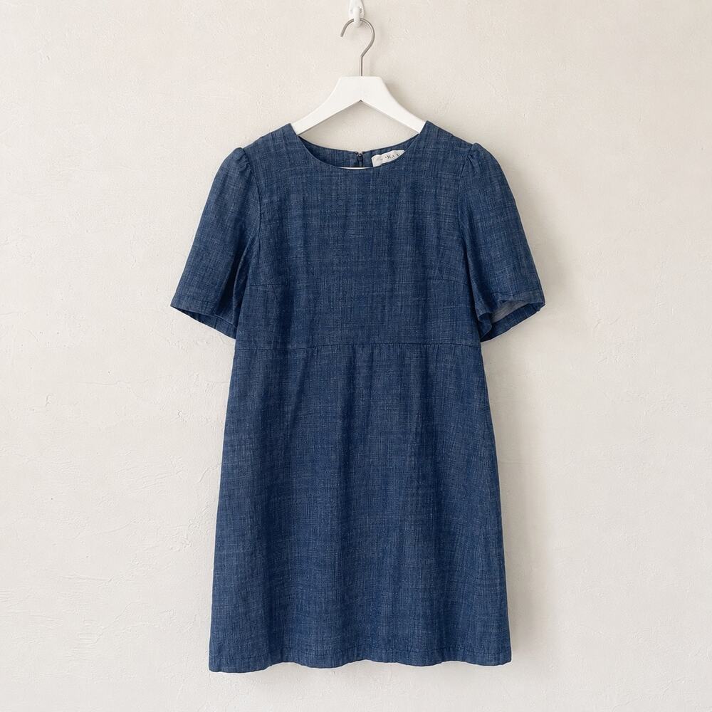 WAYF Denim Chambray Mini Dress Medium Blue Cotton Puff Sleeve Zip Back